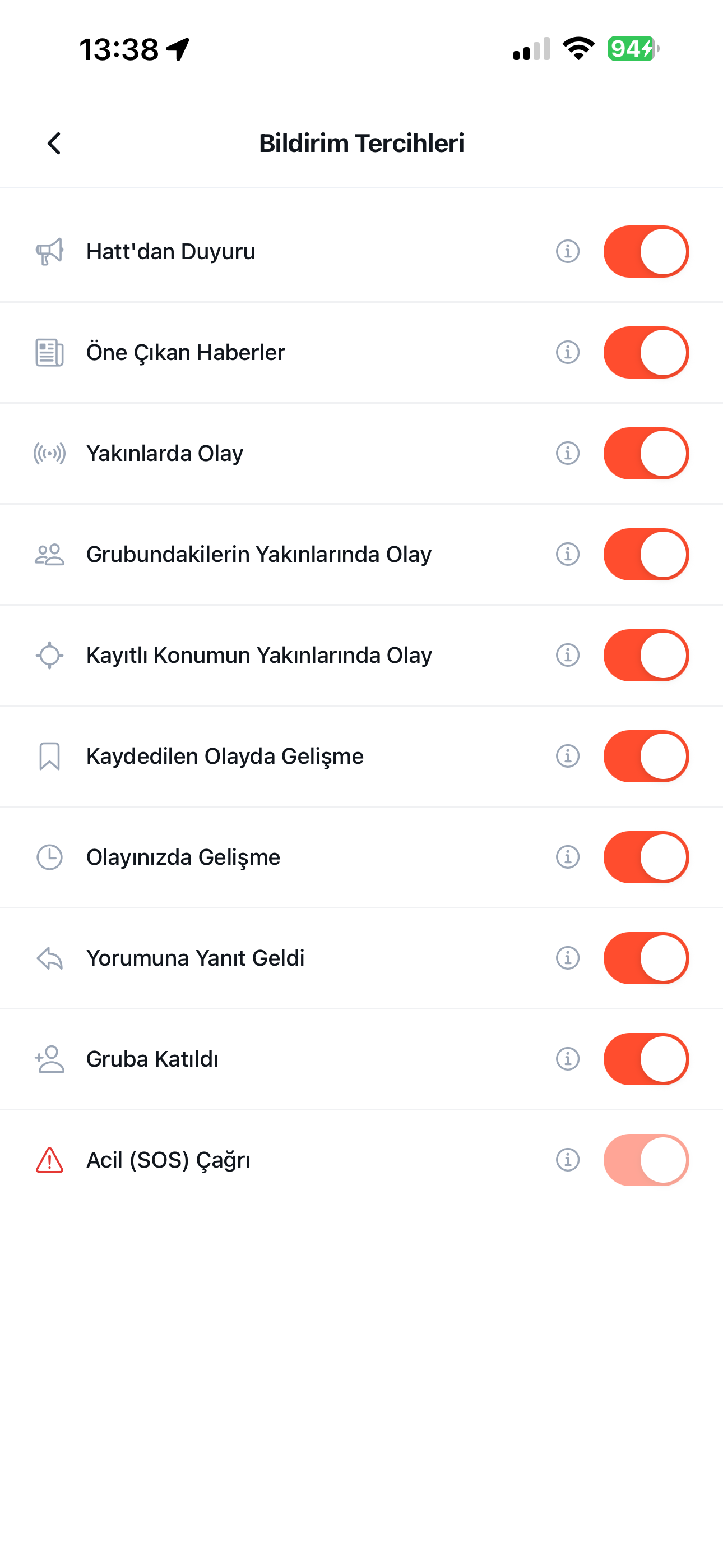 Hatt bildirim tercihleri ekran görüntüsü