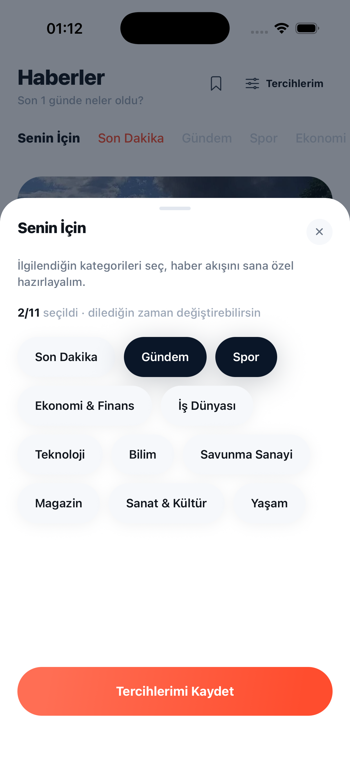 Hatt haberler kişiselleştirme ekranı