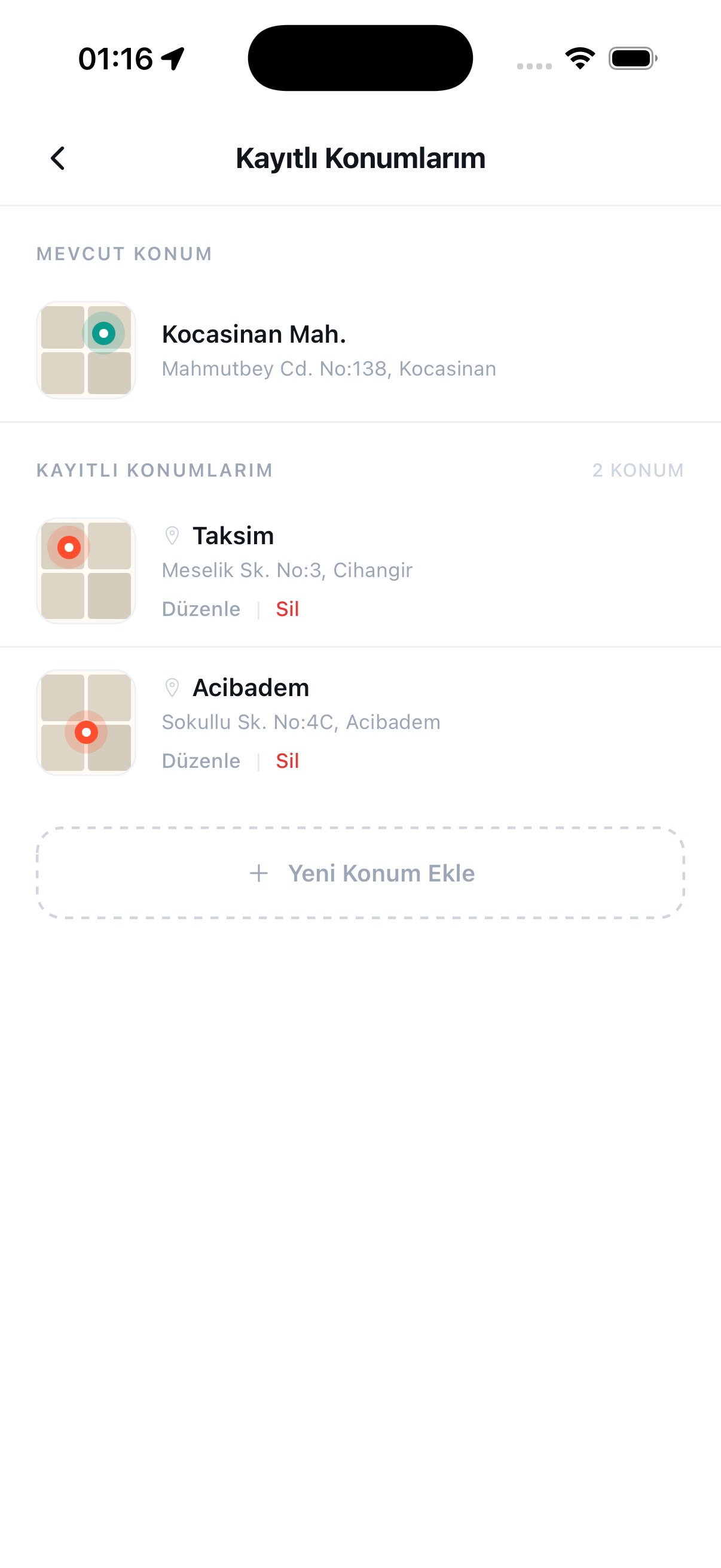 Hatt kayıtlı konumlarım ekran görüntüsü